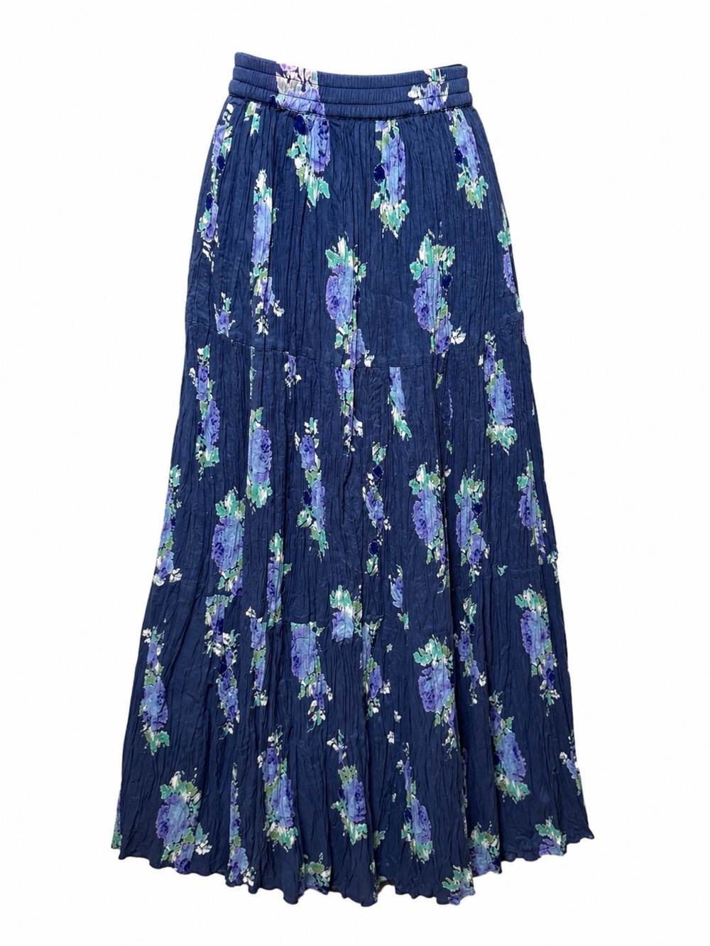Denim &Co Blue Floral Crinkle Maxi Skirt Cottagecore Boho Prairie Romantic Small